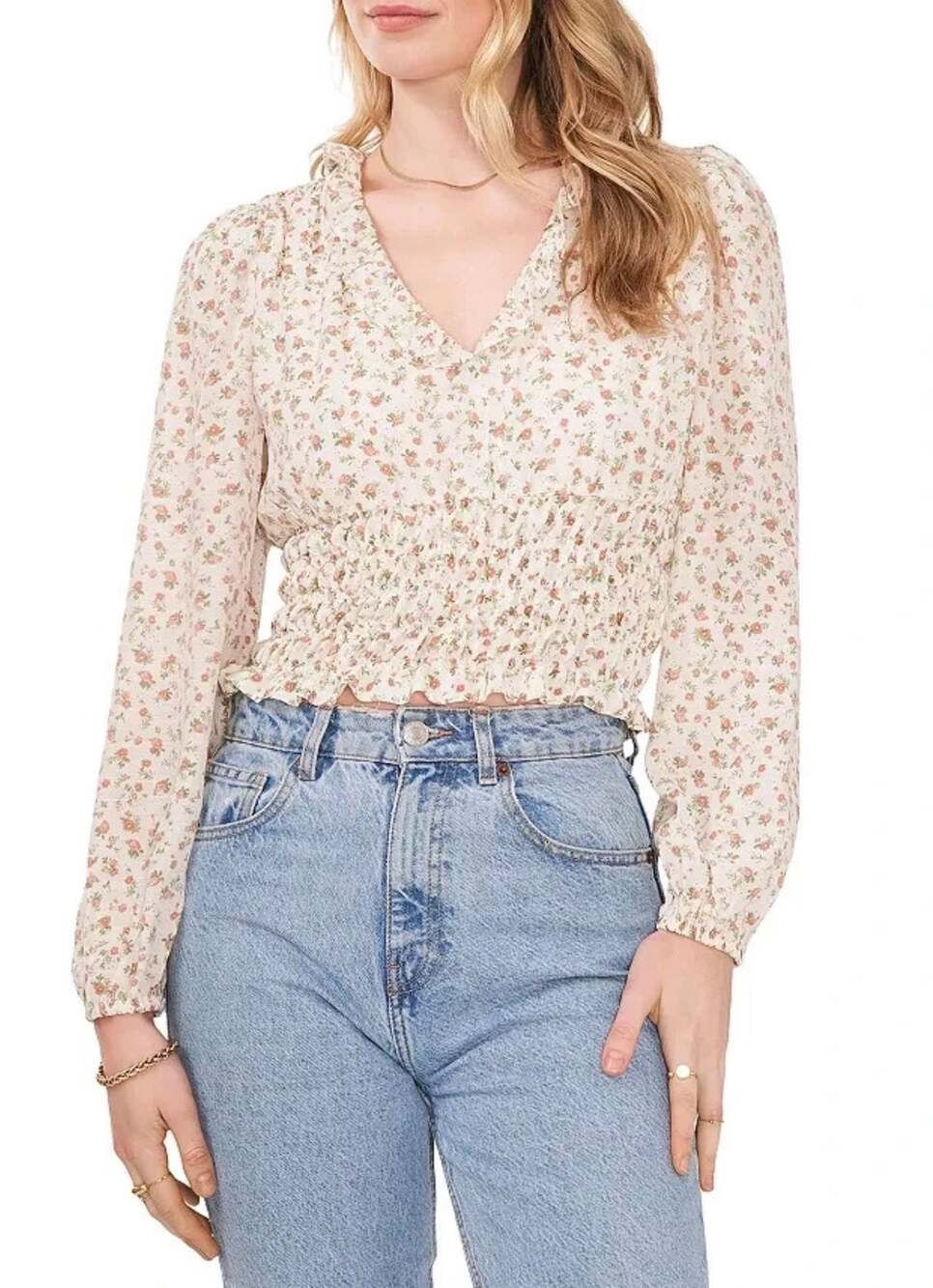 1.State One state small cream floral crop top log sleeve smocked waist v-neck
